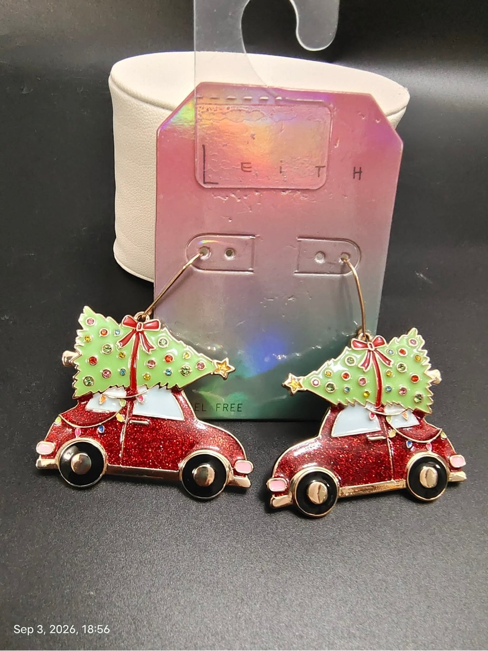 NWOT Leith Red and Green Glitter Car Christmas Tree Drop Earrings